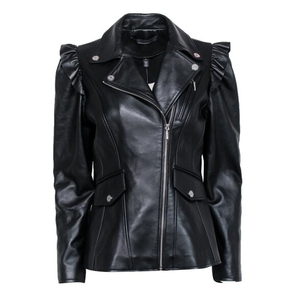 WHBM $500 Genuine Leather Motorcycle Moto Jacket Ruffled Shoulders M - Picture 3 of 12